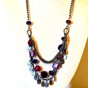 Three strand Gun Metal Chains with Shades of Purple Necklace